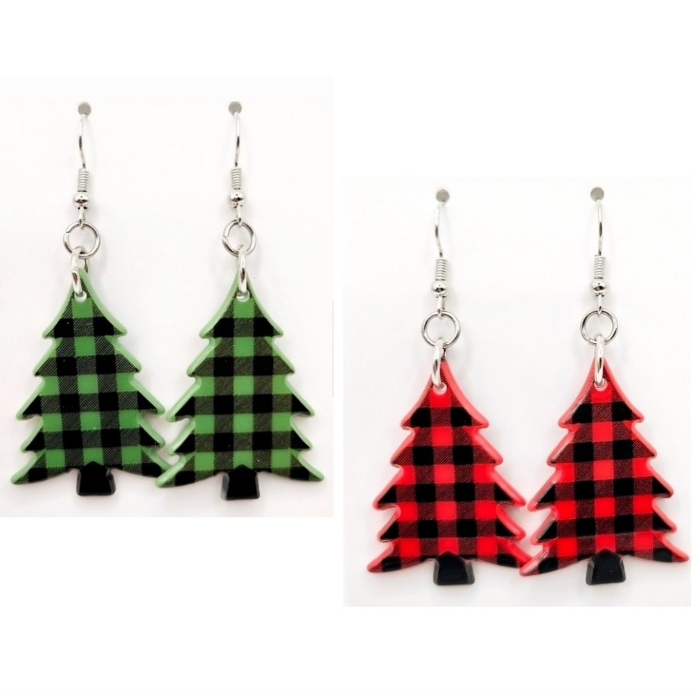 2 Pairs Buffalo Plaid Christmas Tree Earrings Red Green Acrylic Cabincore Holida